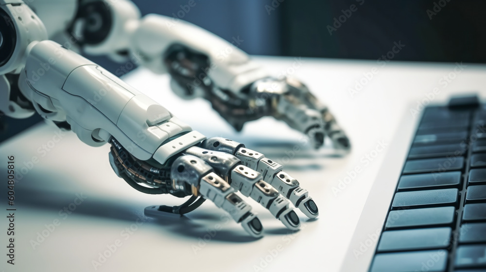 Robot typing in laptop. Technology or machine learning concepts. Close-up of person's hand. Generative ai Robot typing in laptop. Technology or machine learning concepts. Close-up of person's hand. Generative ai