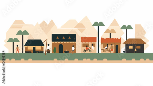 African village retro art banner - minimalistic flat vector art