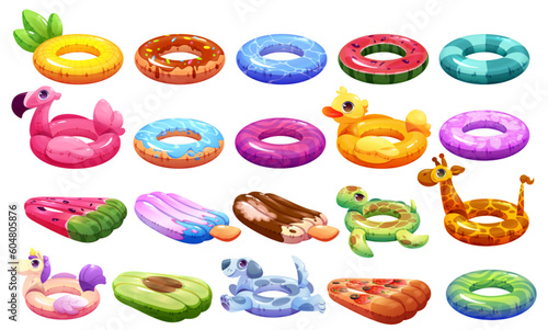 Inflatable rubber swim pool ring cartoon vector. Isolated float beach lifesaver accessory illustration. Duck, watermelon, unicorn and flamingo pattern lifebuoy for kid icon on white background.