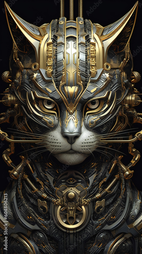 Fototapeta premium An anthropomorphic cat with wires and mecha armor