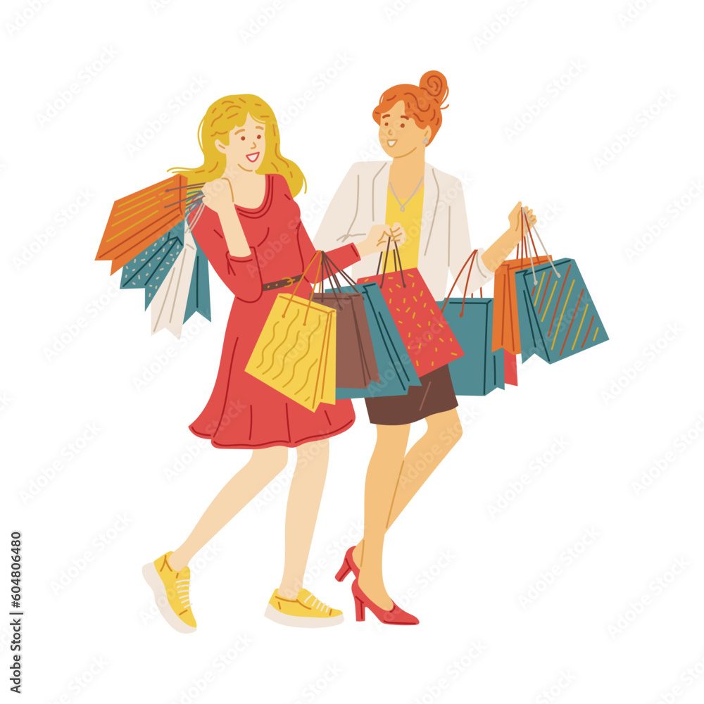 Shopaholics with shopping bags spending over income, flat vector isolated. Shopaholics with shopping bags spending over income, flat vector isolated.