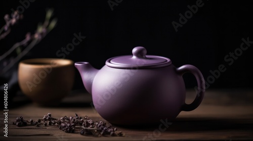 Dark purple teapot for brewing tea on a black background . generative AI