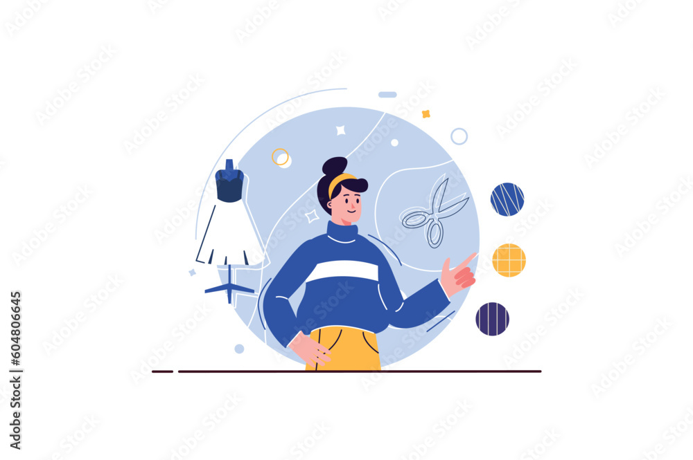 Creative workers concept with people scene in the flat cartoon design. A woman expresses her creativity by creating unique clothes. Vector illustration.