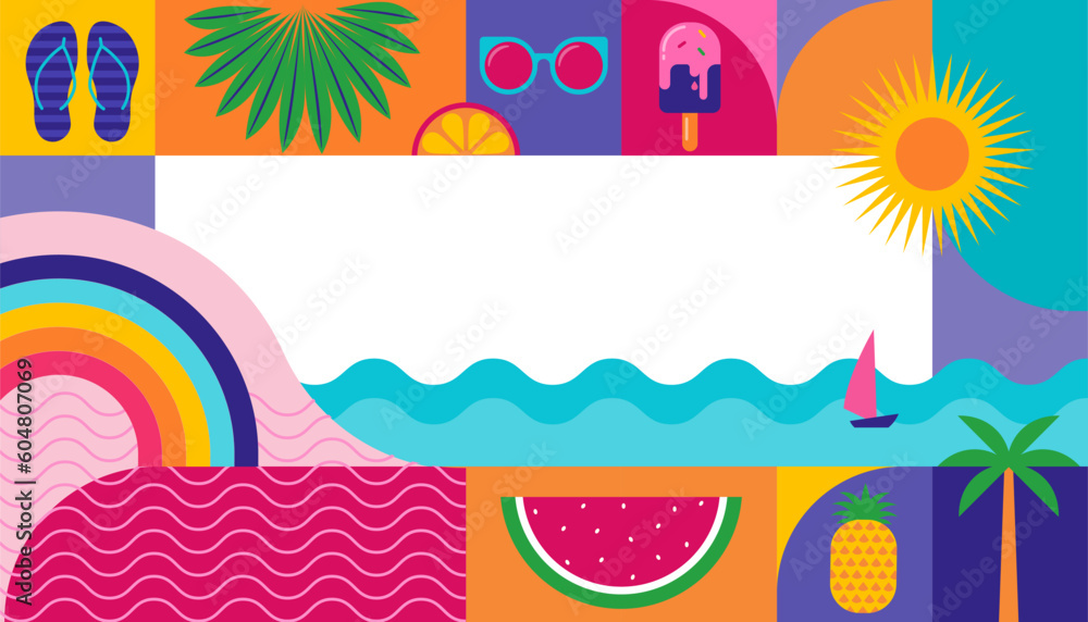 Colorful Geometric Summer Background, poster, banner. Summer time fun concept design promotion design Colorful Geometric Summer Background, poster, banner. Summer time fun concept design promotion design