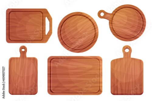 Set Cutting board wooden chopping desk top view in cartoon style isolated on white background. Wood shield, menu mockup