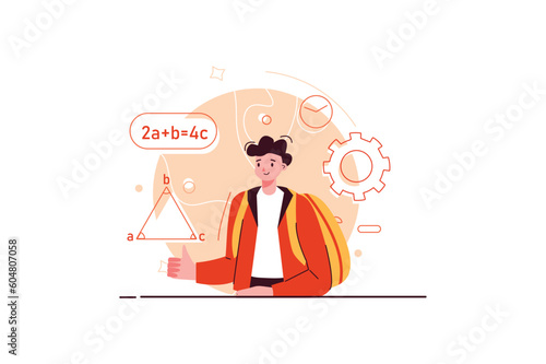 Concept School learning with people scene in the flat cartoon design. The boy goes to a math class to gain new knowledge. Vector illustration.