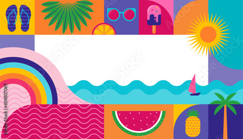 Colorful Geometric Summer Background, poster, banner. Summer time fun concept design promotion design