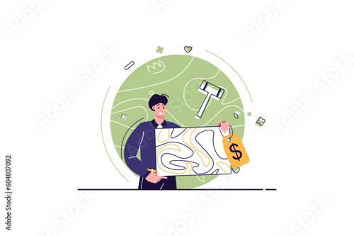 Auction concept with people scene in the flat cartoon style. The auctioneer is putting up for sale a well-known expensive apartment. Vector illustration.