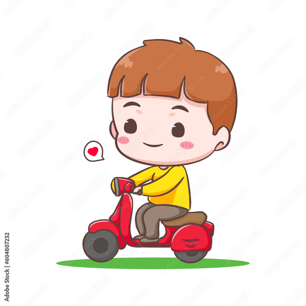 Cute happy kid boy riding motorcycle cartoon character. People expression concept design. Isolated background. Vector art illustration Cute happy kid boy riding motorcycle cartoon character. People expression concept design. Isolated background. Vector art illustration
