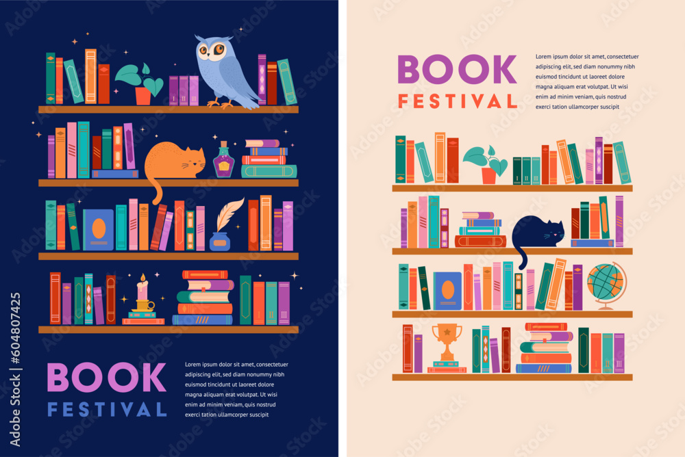 Bookshelf concept illustration. A lot of books on the shelf, clock, cat