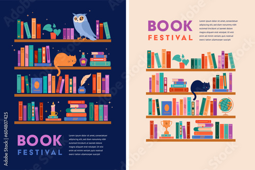 Bookshelf concept illustration. A lot of books on the shelf, clock, cat, plant and globe