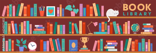 Bookshelf concept illustration. A lot of books on the shelf, clock, cat, plant and globe