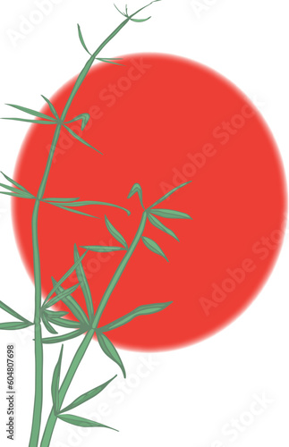 japanese symbols on sun background with bamboo. Symbols harmony, energy and way	
