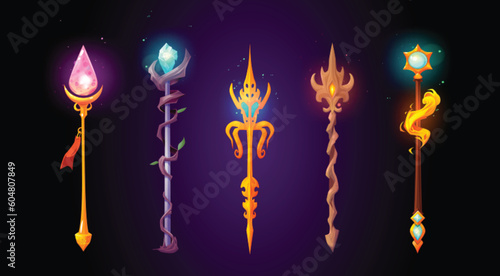 Cartoon vector magic fantasy game ui trident weapon. Wizard spear staff set for rpg gui. Wooden and gold sorcery wand isolated illustration collection. Glow magician battle witchcraft with blue gem