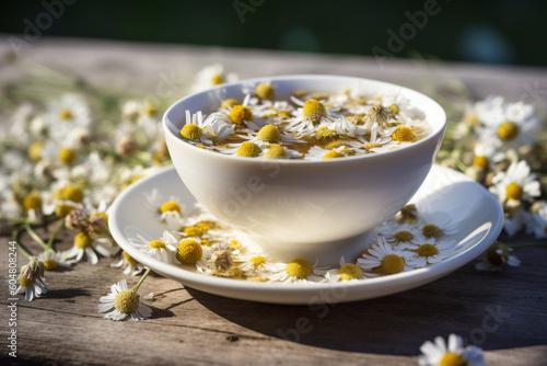 Cup of Chamomile tea with flowers. Generative AI illustration