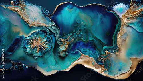 Elegant Marbling Wallpaper. Liquid Swirls in Beautiful Teal and Blue colors, with Gold Powder. Generative AI. photo