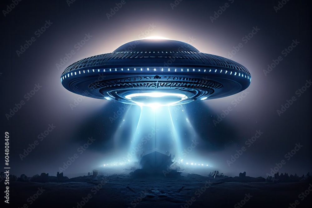UFO with Beam, Alien Spaceship in Night Sky, Futuristic Mystery ...