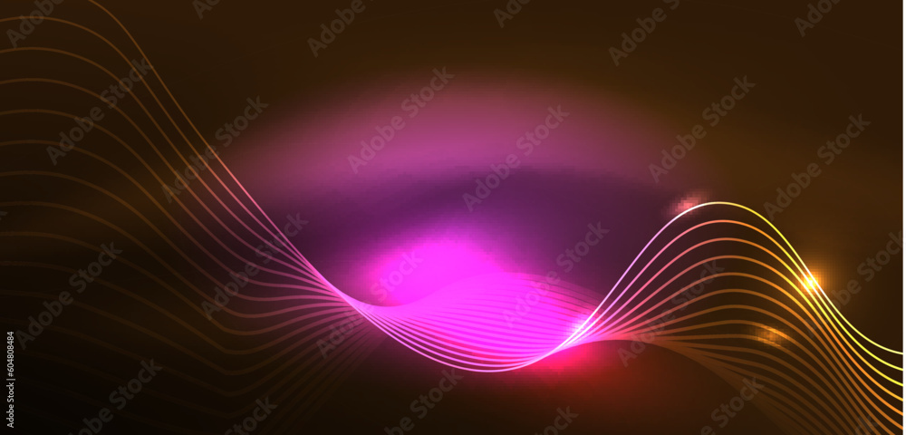Shiny glowing neon wave. Neon light or laser show, electric impulse, power lines, techno quantum energy impulse, magic glowing dynamic lines Shiny glowing neon wave. Neon light or laser show, electric impulse, power lines, techno quantum energy impulse, magic glowing dynamic lines