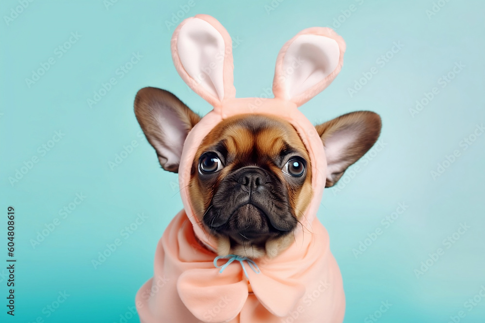 French Bulldog dog puppy wearing pink Easter bunny ears. Generative AI illustration
