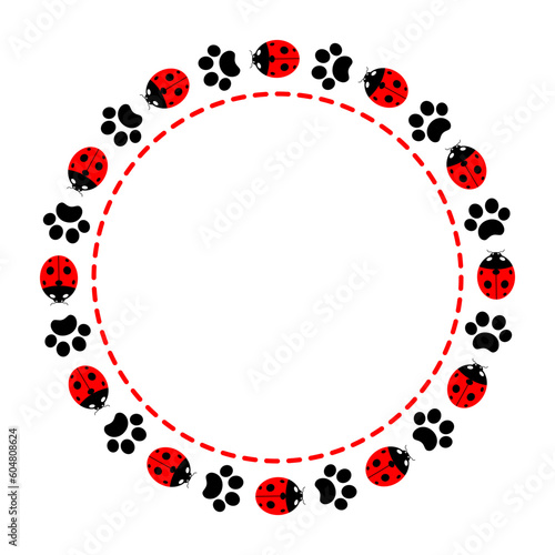 Round frame with paw prints animal and ladybugs.