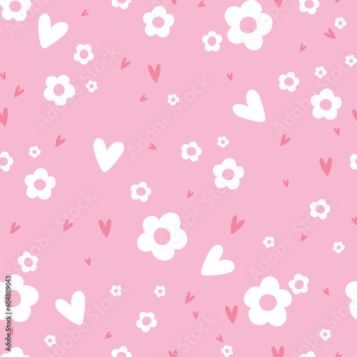Seamless pattern with daisies and hearts. Romantic print with flowers on pink background. Girly vector illustration.