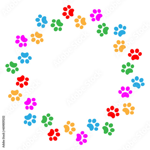 Round colorful frame with colored animal paw prints blank design template.