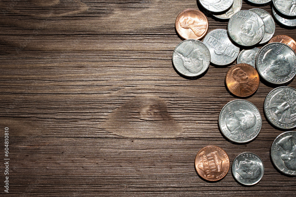 American Coins on a Wooden Table with Copy-space American Coins on a Wooden Table with Copy-space