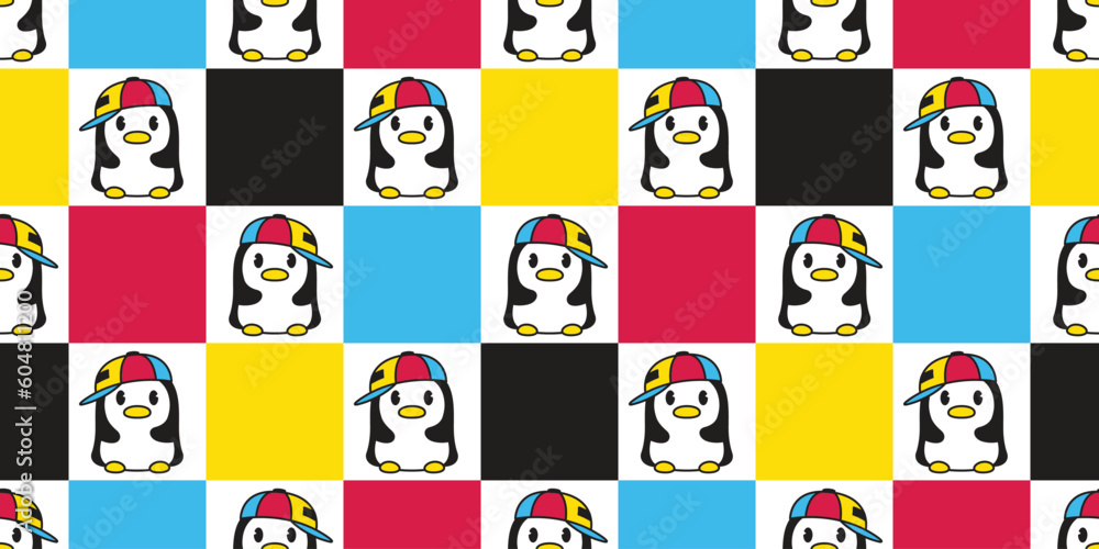Obraz premium penguin seamless pattern cap rgb checked bird vector duck cartoon gift wrapping paper repeat wallpaper tile background illustration scarf isolated design