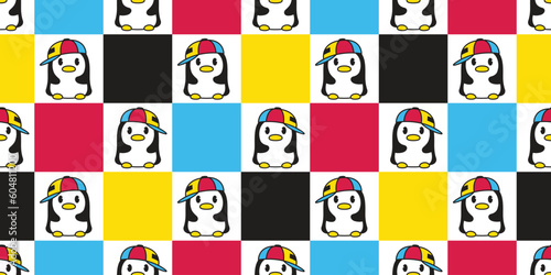 penguin seamless pattern cap rgb checked bird vector duck cartoon gift wrapping paper repeat wallpaper tile background illustration scarf isolated design