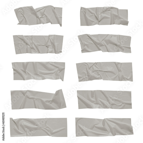 White scotch tape on white background, crumpled sticky tape, different sizes.