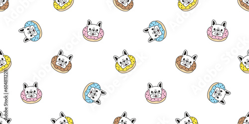 dog seamless pattern french bulldog donut bakery vector bake pet face head food footprint paw puppy cartoon gift wrapping paper tile background repeat wallpaper doodle scarf isolated illustration desi