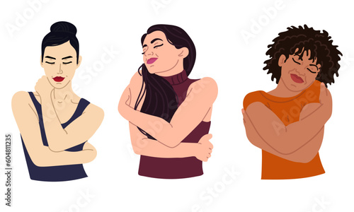 A group of people hugging themselves. The Concept Of Self-acceptance, Showing The Importance Of Self-Care. Women Find Solace in self-love. Self-acceptance, diversity. Cartoon vector illustration