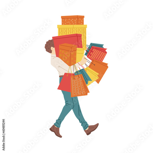 Compulsive shopper or shopaholic with a bunch of bags flat vector illustration.