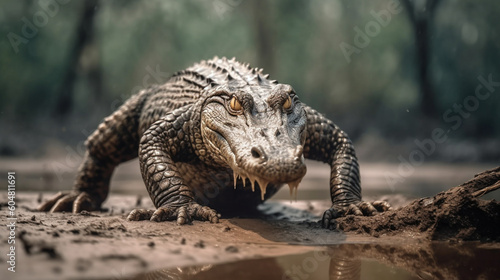 A crocodile sits on the ground in a muddy area