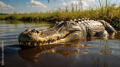 A crocodile sits on the ground in a muddy area