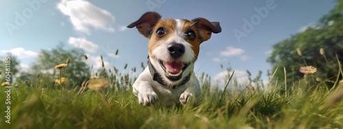 Portrait of happy Jack Russell Terrier dog jumping floating up in the air sunny day on flower field. Protecting pets from ticks, use of special collars, drops, and regular checks.