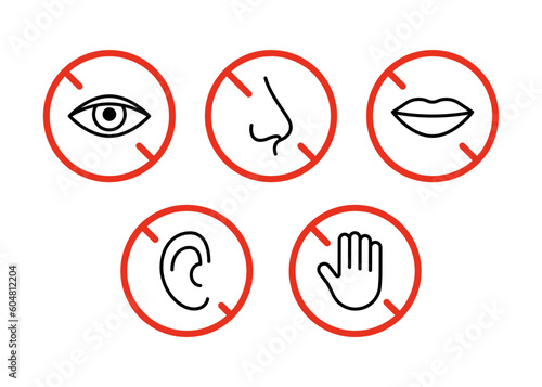 Dont speak, hear, watch, touch, smell set symbol. Eye, ear, mouth, nose, hand restriction, line icon. Limit organ sense sign. Icon in red prohibition circle. Vector