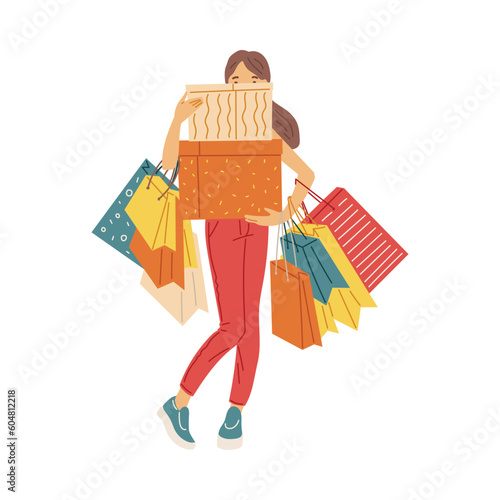 Woman overbuys during sales flat vector illustration isolated on background.