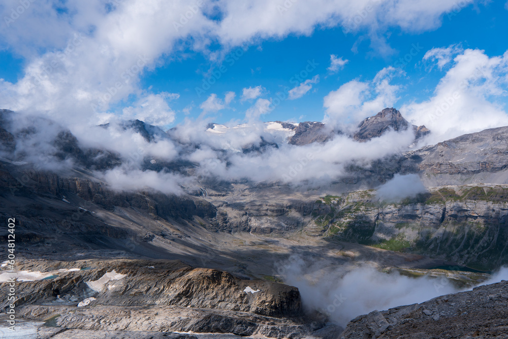 Amazing summer landscape view in Daube trail, one of panoramic hiking trail from Schynige Platte, a mountain ridge and view point in Bernese Highlands, Switzerland.