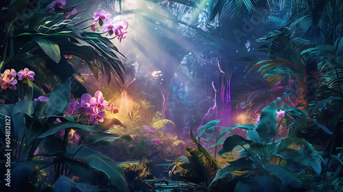 Colourful tropical jungle with fresh plants, flowers and leaves. Beautiful glowing forest, Illustration. Generative AI