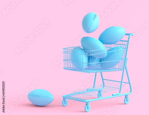 Set of ball like basketball, football and golf in shopping cart on monochrome photo
