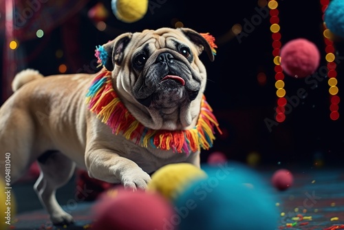 pug dog dressed as a clown in the circus. holiday concept. funny animals generative ai