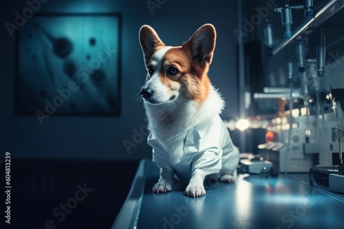 a WELSH CORGI dog in a medical coat in a laboratory. research concept. generative ai,