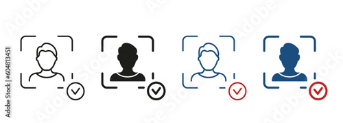 Biometric Identification Technology Symbol Collection. Facial Recognition Pictogram. Verification Sign. Scan Face ID on Smartphone Line and Silhouette Icon Set. Isolated Vector Illustration