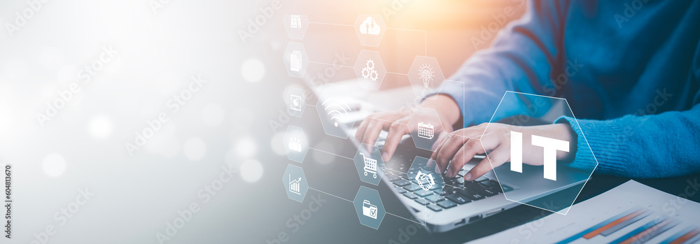 Naklejka premium IT Consulting Presents Tag Cloud on Information Technology Concept, Business people using laptops with Consulting Presents global internet connection technology business, digital marketing, big data.