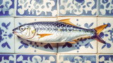 Fresh raw fish for sale or cooking. Mackerels on portuguese azulejo tiles background. Portugal fish market. Healthy mediterranean food. Portuguese food. Top view, vertical format. Generative ai