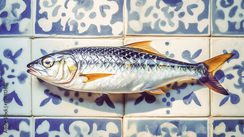 Fresh raw fish for sale or cooking. Mackerels on portuguese azulejo tiles background. Portugal fish market. Healthy mediterranean food. Portuguese food. Top view, vertical format. Generative ai