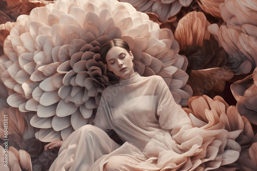 A woman laying in a bed of flowers. Generative AI. REM, rapid eye movement sleep cucle phase.