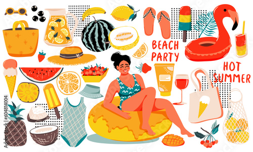 Summer set with woman on swim ring,  beach bag, sun cream, popsicle, hat, flip flops, fruits. Lettering. Vector elements. Perfect for summertime poster, card