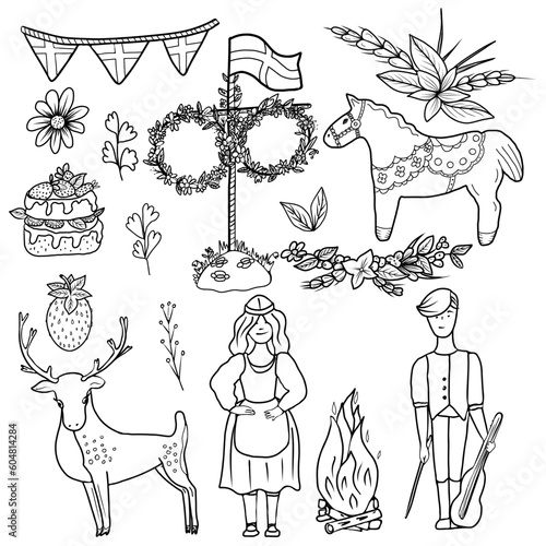 Happy Midsummer vector set. Cartoon swedish traditional dressed characters, horse, deer, wooden may pole, floral garland, cake, sweden flag. Template for Sweden longest summer day holiday banner.